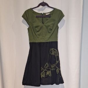 eShakti Green and Black Mini Dress with Owl Embroidery